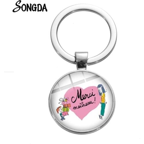 HOT! Merci Maitresse Key Chain Fashion Teachers Gift Super Mistress Letter Print Glass Dome Keychain Thanksgiving Jewelry