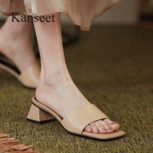 Kanseet 2021 New Style Women Shoes Summer Popular Genuine Leather Handmade Fashion Design Yellow Khaki White Mid Heel Slippers