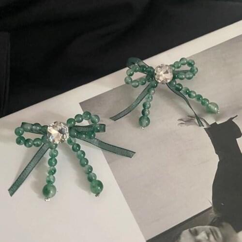 Origin Summer Fashion Green Bowknot Dangle Earring for Women Girls Rhinestone Beaded Hollow Out Party Earring Jewelry Pendientes