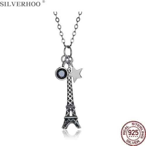 SILVERHOO Classic 925 Sterling Silver Eiffel Tower & Star Vintage Necklace Pendant For Women Round Black Cubic Zirconia Necklace