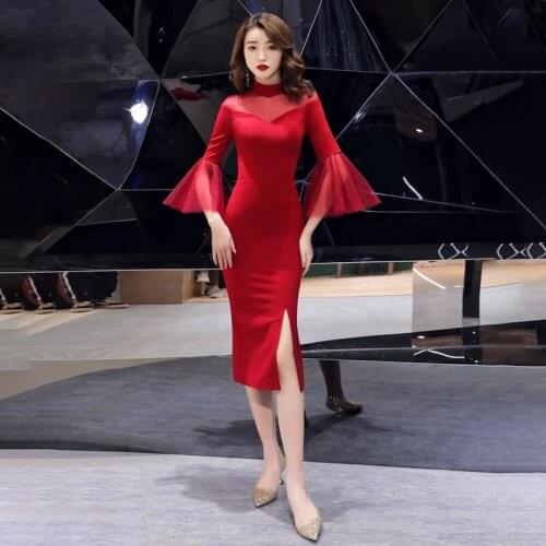 Prom Dress Elegant Sequins Pleat Three Quarter Sleeves Simple Knee-Length Red New Mermaid Plus size Women Formal Party Gown C887