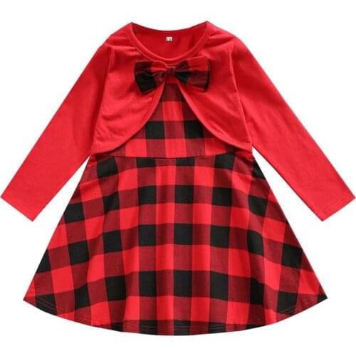 1-5Years Infant Kids Baby Girls Santa Dress Long Sleeve Bowknot Patchwork Frock Plaid Spring Autumn Christmas Gown