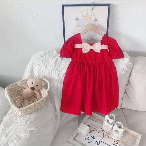 Hollead Girls Dresses Kids Square Collar A-Line Red Dresses Bow Design 2021 Summer Fashion Party Princess Clothing For Children