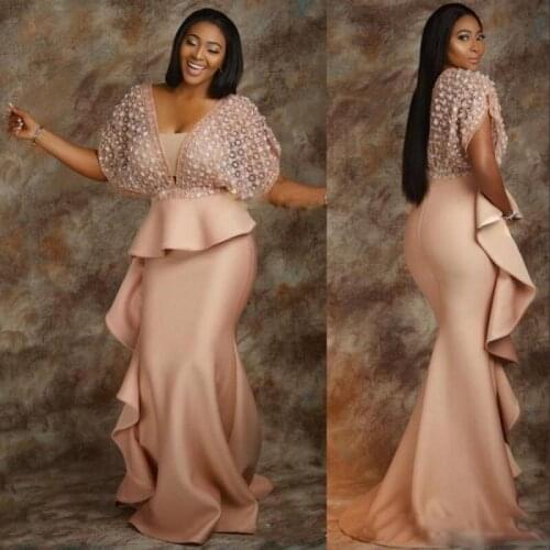 Plus Size Prom Dresses Sexy Low Cut Peplum Mermaid Evening Gowns South African Satin Floor Length Formal Party Vestidos