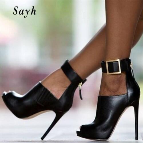 Buckle Metal Women Sandals PU Leather High Heels Boots Peep Toe Gladiator Shoes Party Prom Sexy Stilettos Woman Rome Sandals