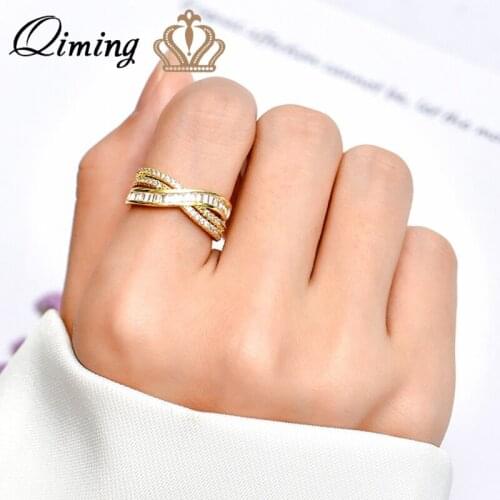QIMING Luxury Women Crystal Zircon Rings For Women Engagement Wedding Jewelry Accessories Cross Finger Ring Dress Gift