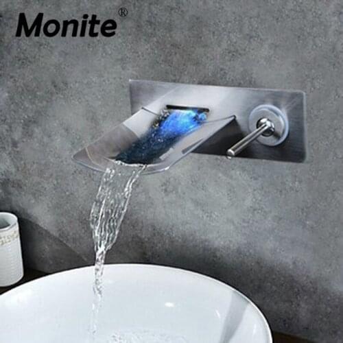 Monite LED Light Nickel Brushed Wall Mounted Bathtub Faucet Chrome Polish Bathroom Basin Sink 1 Handle Basin Faucet Mixer Tap