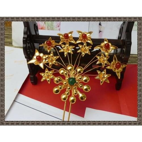 TV Play Use Gold Plating Hair Stick Traditional Antique Pinach Pure Handmade Miao Silver Hair Sticks for Bride or Empress