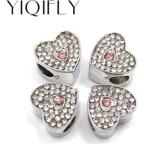 YIQIFLY Free shipping 2017 new 20pcs 13mm heart shape white and pink rhinestone big hole alloy beads fit European bracelet DIY
