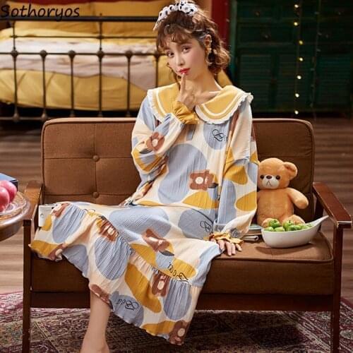 Women Lovely Nightgowns Full Sleeve Large Size M-4XL Cozy Printed Ruffles Trendy Sleepshirts Teenagers Casual Lounge Sweet Chic