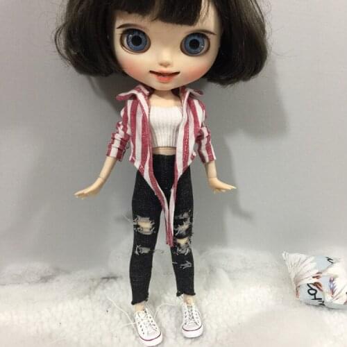 T02-X404 Blyth Doll clothes 1/6 dolls Accessories handmade 30cm clothes Striped shirt and holes pants 3pcs/set