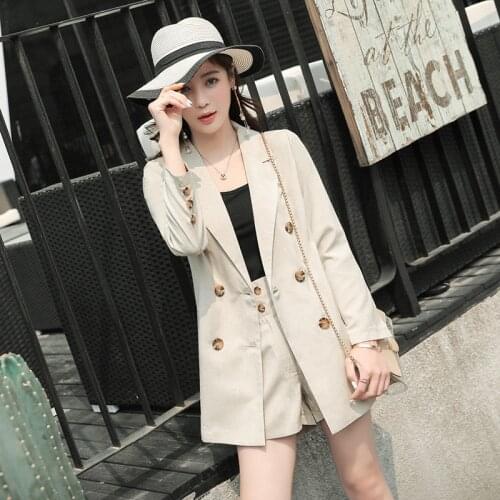 Summer Women Shorts Set Thin Suit Casual Set Cotton linen Double Breasted Blazer Jacket and Shorts Pant Suit 2 Pieces Set for