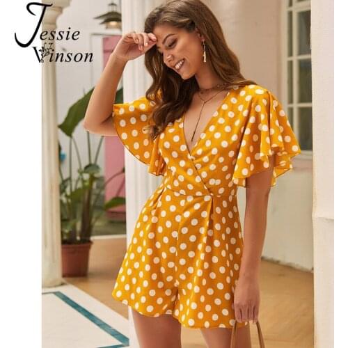 Jessie Vinson Short Flare Sleeve V Neck Polk Dot Jumpsuit Playsuit Women Summer Casual Loose Dot Short Jumpsuit Holiday Beach
