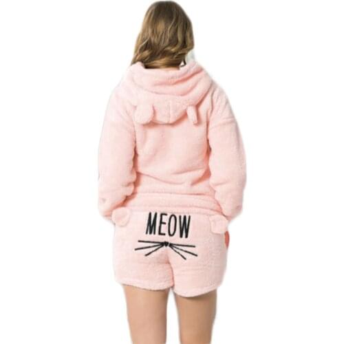 Women Powder Meow Patterned Shorts Full Plush Pajamas set Soft Cat Pattern Long and Shorts shaped pajamas set two-piece