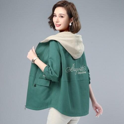 Women Trench 2021 Spring Autumn New Womens Trench Coat Middle-aged lady Windbreaker Female Hooded Casual Outerwear Plus Size