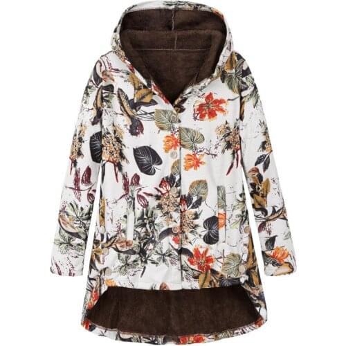Winter Womens Coat Button Plush Printing Long-sleeved Irregular Thick Mid-length Cotton Coat Femme Wm