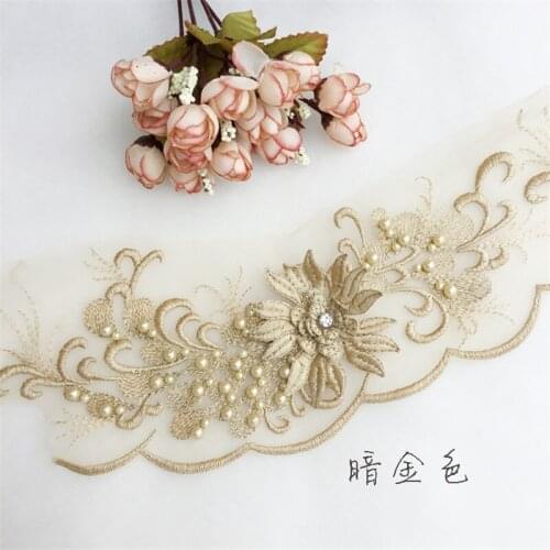 1Pc 30.5X10cm Navy Gold Ice blue Wedding Dress Floral Embroidery Sewing Patch Beaded Lace Applique Flower Trims DIY Craft BD513