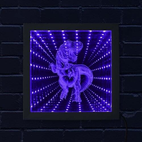 Horrific T-Rex 3D LED Infinity Mirror Tyrannosaurus Optical Illuminated Mirror Frame Jurassic Dinosaur Decor Tunnel of Light