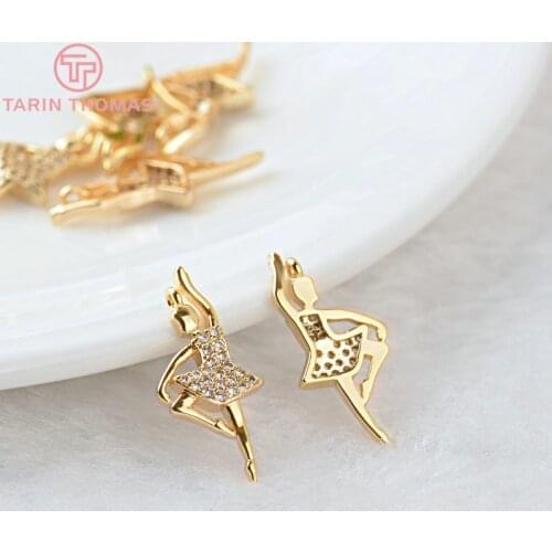 4PCS 10x22MM Hole 1MM 24K Gold Color Plated Brass with Zircon Dance Girl Charms Pendants High Quality Diy Jewelry Accessories