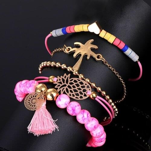 ZV 5Pcs/set Ethnic Style Bracelet for Women Summer Beach Multilayer Heart Chain Tessal Beads Pink Rope Gift for Best Friends