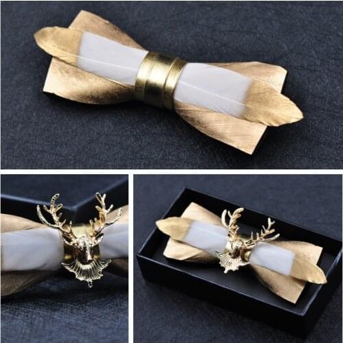Man free shipping New MENS 2018 Golden feather stitching leather bow gold deer head man bow tie groom groom wedding feather