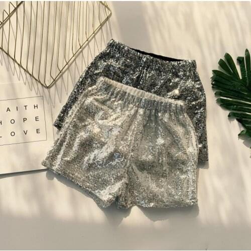 Black Highstreet Party Sequin Mid Waist Elastic Waist Fly Solid Shorts 2019 Summer Fashion Streetwear Club Women Shorts