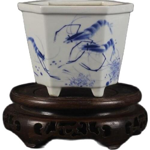 Chinese old porcelain Blue and white Pomegranate Shrimp drawing Meaty Plant Flower Pot