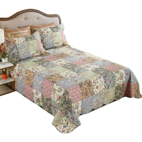 CHAUSUB Bedspreads Quilt Set 3pcs Cotton Quilts Floral Patchwork Coverlet Quilted Bed Cover Pillowcase King Queen Size Blanket
