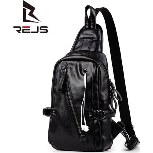 REJS LANGT Pu Leather Mens Chest Bag Retro Design Casual Crossbody Bags Headphone Design Shoulder Bag Anti-Theft Messenger Bags