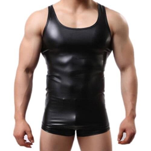 Men Vest Sexy Summer Solid Color Sleeveless Low-cut Faux Leather Slim Vest Gym Tank Top Black XL Men Clothing мужская одежда