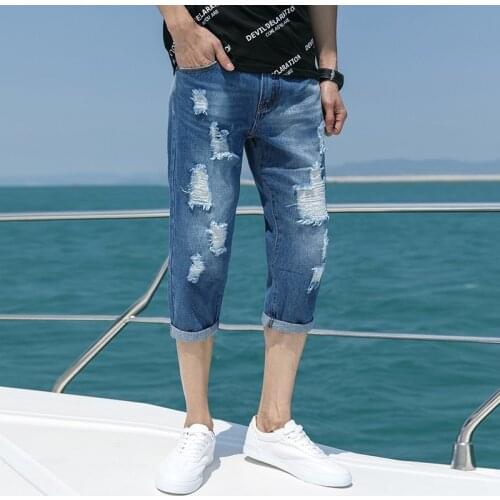 Fashion Mens Slim Fit Hole Ripped Calf Length Jeans Pencil Pants Summer Casual Streetwear Denim Shorts Plus Size Cropped Pants