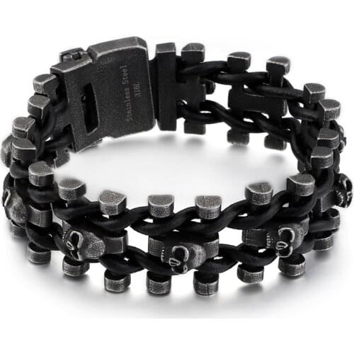 HAOLYNJOY Punk Link Chain Stainless Steel Boiled Black Skeleton Leather Woven Mens Bracelet Jewelry Accessories