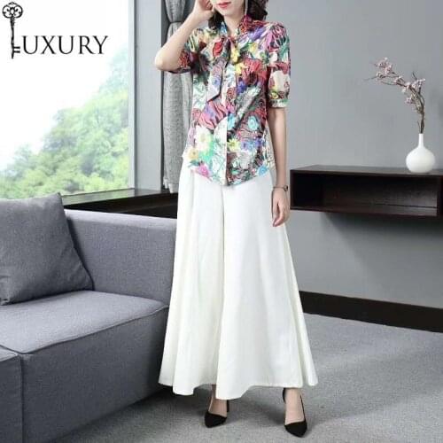 Clothing Top Grade Designer Women Bow Collar Sexy Wild Animal Print Blouse Tops+Wide Leg White Pant Set & Suits Female