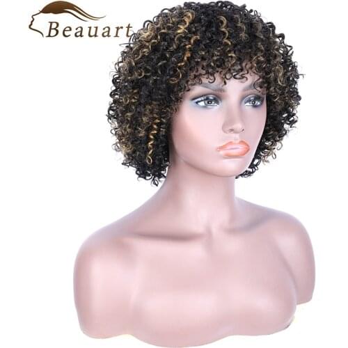 Beauart 100% Human Hair Afro Kinky Curly Full Wigs For Black Women Black Brown Highlights Natural Curls Machine Wig With Bangs