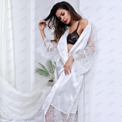 Pyjamas women Lace bathrobe Lace Robe Sexy Sleepwear Women See Through Long Robe Sleepwear Nightwear Gown Nightdress пижама