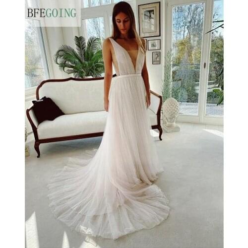 Ivory Tulle V-Neck Sleeveless Bridal Gowns Floor-Length V-Back A-Line Wedding Dresses Chapel Train Custom Made