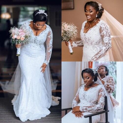 African Black Girls Plus Size Wedding Dresses Lace Appliques Off Shoulder Sleeve Mermaid Wedding Dress Beach Bridal Gown