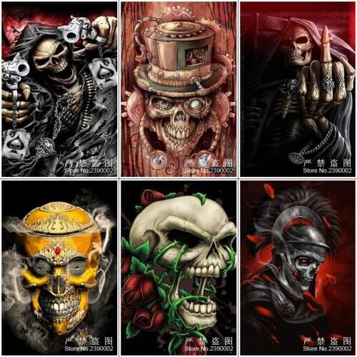 Full Square 5D DIY Diamond Painting Flower & Skull Diamond Painting Cross Stitch Gold Skull Gunmen Needlework Home Decorative