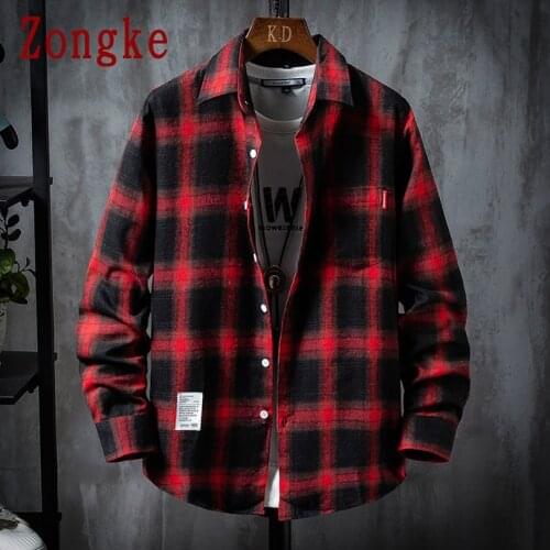 Zongke Casual Shirts For Men Clothing 2021 Fashion Long Sleeve Plaid Shirt Men Harajuku Checkered Men Shirt Long Sleeve M-3XL