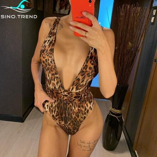 New 7 Color Plunging One Piece Swimsuit 2021 Leopard Women Swimwear Female Solid Bather With Waistband Swim Wear Monokini