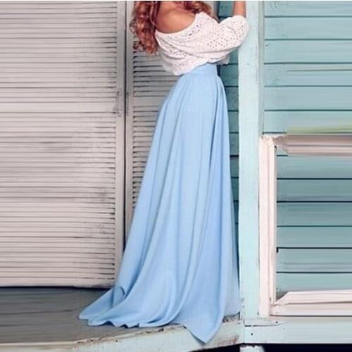 Light Blue Chiffon Long Maxi Skirt Zipper Waistline A Line Floor Length Skirt Custom Made Spring Autumn Elegant Skirts Women