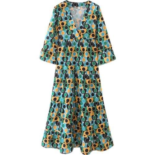 New Women Vintage Polka Dot Printed Dress V-neck Wide Half Sleeves Chic Lady Elegant Maxi Boho Dresses Woman Robe