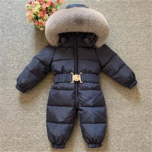 Baby Winter Jumpsuit Overalls 90% Duck Down Real Fur Rompers Kids Outerwear Coat For Toddler Baby Boys Girls 0-5 Y Snowsuit