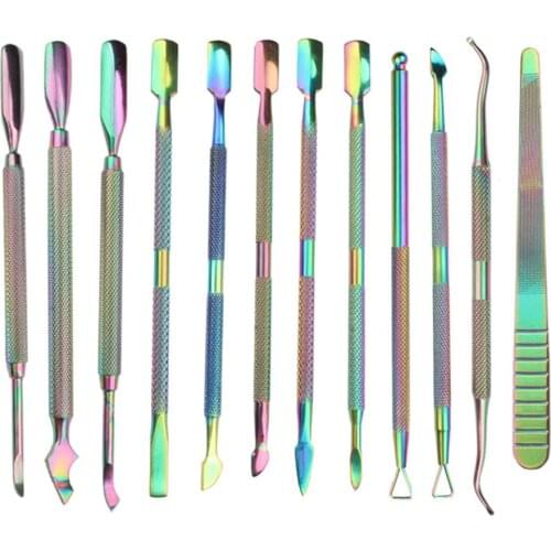 12pcs/set Rainbow Stainless Steel Nail Cuticle Pusher Nail Art Files Uv Gel Polish Remove Manicure Care Groove Clean Tool