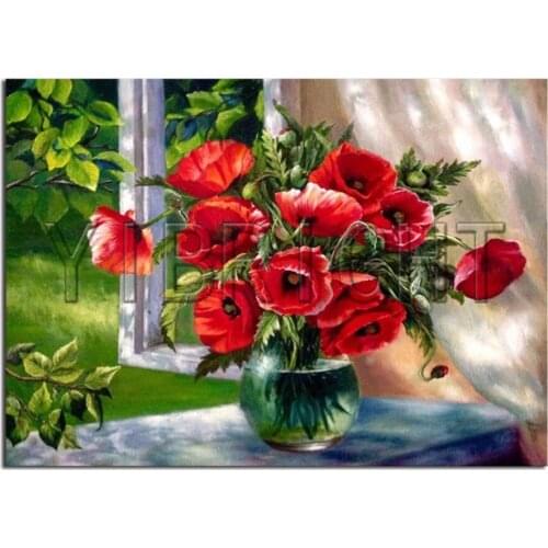 Full Round Diamond painting window flower 5D DIY Diamond embroidery Cross stitch landscape Full Square Diamond mosaic poppy