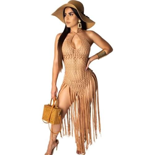Hollow Out Sexy Beach Dress Women Party Club Fringe Tassel Backless Summer Dress Knitted Crochet Maxi Dresses for Women 2021