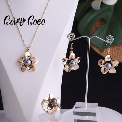 Cring Coco Plumeria Rubra Jewelry Sets 2021 Gold Plated Pearl Ring Earrings and Necklaces Womens Fashion Chain Necklaces Set
