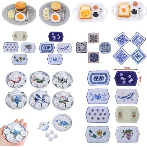 Dollhouse Mini Tableware Plates Tray Tea Set Salad Bowl Doll Breakfast Food Dishes Kitchen Toy Doll House Accessories Kids gift