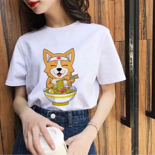 Cartoon T Shirt Fun Corgi print Lady Tshirt Round Neck Short Sleeve Tshirt Harajuku Womens T-shirt 2021 Summer tee shirt femme