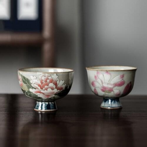 Ceramic Tea Cup Vintage 60ml Puer Cup Hand Painted Flower Tea Bowl Chinese Kung Fu Teaware Container Pottery Cups for Tieguanyin